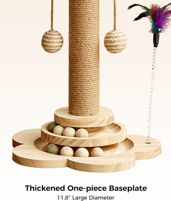 Cat Scratching Post for Kittens, 4 in 1 Wooden Cat Scratcher Toy, 17.7" Tall Scratch Post with 2 Level Cat Track Balls, Interactive Feather Toy and 2 Sisal Hanging Balls for Indoor Kittens4