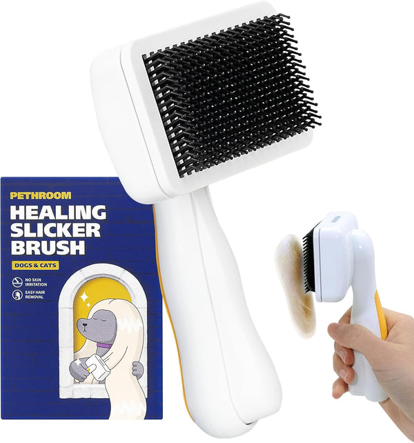 PETHROOM Self-Cleaning Slicker Brush for Dogs & Cats – Gentle Grooming & Deshedding Tool, Removes Mats & Tangles, Skin-Friendly Coated Tips, One-Touch Hair Removal Button1