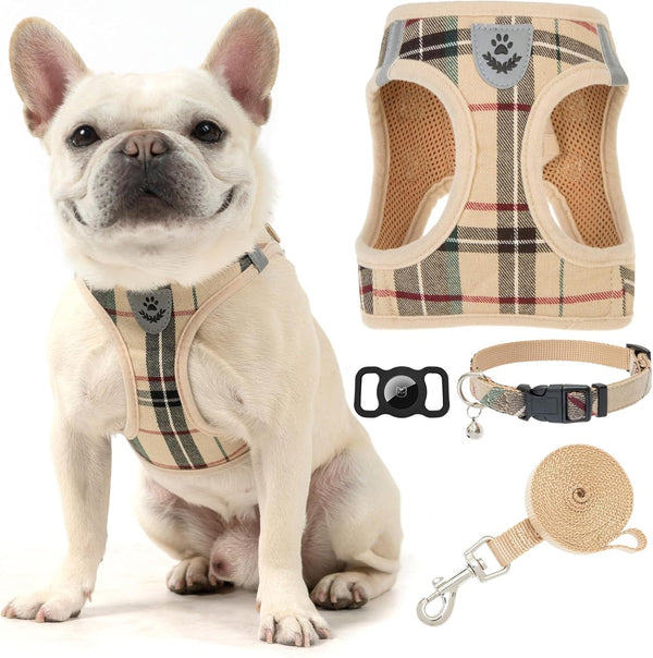 EXPAWLORER Plaid Small Dog Harness and Leash Set with Airtag Holder - No Pull Soft Padded Step in Dog Vest Harness Medium Sized Dog, Reflective Puppy Harness, Collar and Leash for Walking, Khaki S1