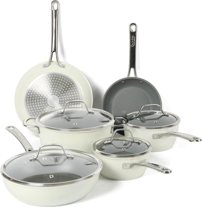 Sur La Table Kitchen Essentials 10 Piece PFA Free Non-Toxic Titanium Ceramic Nonstick Interior Forged Aluminum Cookware Pots and Pans Set - Linen White - Induction Compatible1