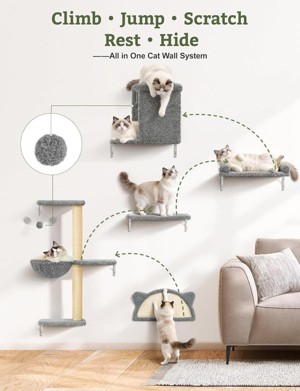 5-In-1 Cat Wall Shelves, Solid Wood Cat Wall Furniture Set for Indoor Cats | 44 Lb per Shelf, 72-Hour Load Tested, Pre-Drilled, Fits 16 In. Stud Drywall & Solid Walls, for Small to Medium Cats2