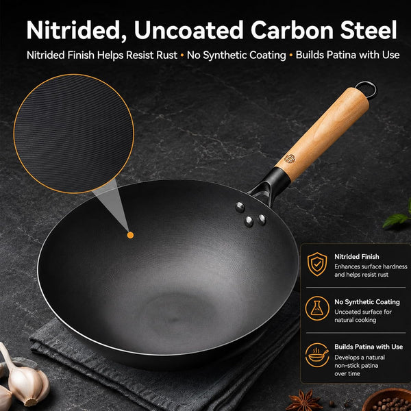 12.6 Inch Carbon Steel Wok Pan with Glass Lid and Spatula, Nitrided Flat Bottom Wok Set, Uncoated Stir Fry Pan for 2-4 Servings, Gas, Electric, Ceramic and Induction Cooktops4