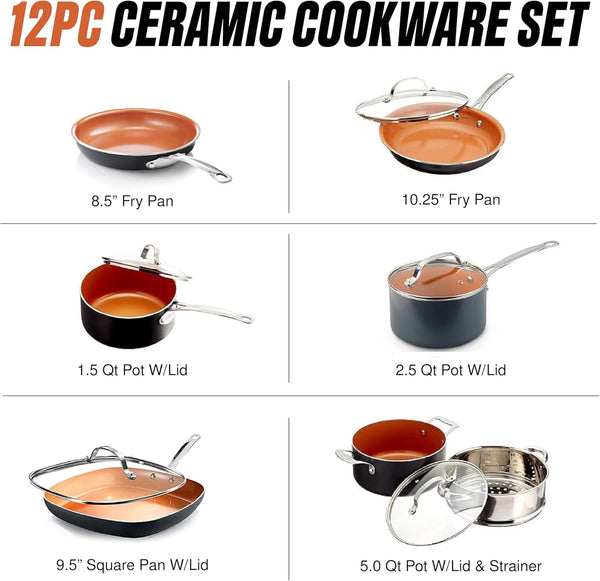 12 Pc Ceramic Cookware Set Nonstick, Ceramic Pots and Pans Set Non Stick with Steamer for Cooking, Non Toxic PFOA PFOS Free, Ergonomic Stay Cool Handles, Oven & Dishwasher Safe, Copper | Non Toxic PFOA/PFOS/PTFE Free Ceramic & Titanium Coating, Stay Cool Stainless Steel Handles, Dishwasher & Oven Safe, Copper2