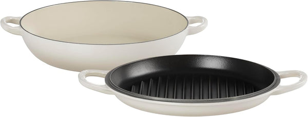 Le Creuset Enameled Cast Iron Braiser with Grill Pan Lid, 3.5 Qt., Meringue | Multifunction Braiser1
