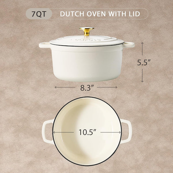 7QT White Enameled Cast Iron Dutch Oven Pot with Lid | Sourdough Bread Baking, Braising, Stews, Roasting, Healthy & Non-Toxic, Dual Handles, Oven Safe up to 500° F2