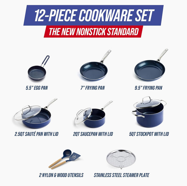 12 Piece Nonstick Cookware Set, Diamond Ceramic Pots & Pans, Dishwasher & Metal Utensil Safe, Non Toxic Pfas-Free, Kitchen Cooking Sauce & Saute Pans, Oven & Broiler to 600F, Blue5