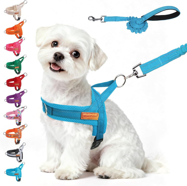 BEAUTYZOO Dog Harness No Pull, Quick Fit Dog Harness and Leash Set, Escape Proof Vest Harness with Soft Handle, Reflective Breathable Mesh Padding Harness for Medium Size Dog Training Walking, Beige M19