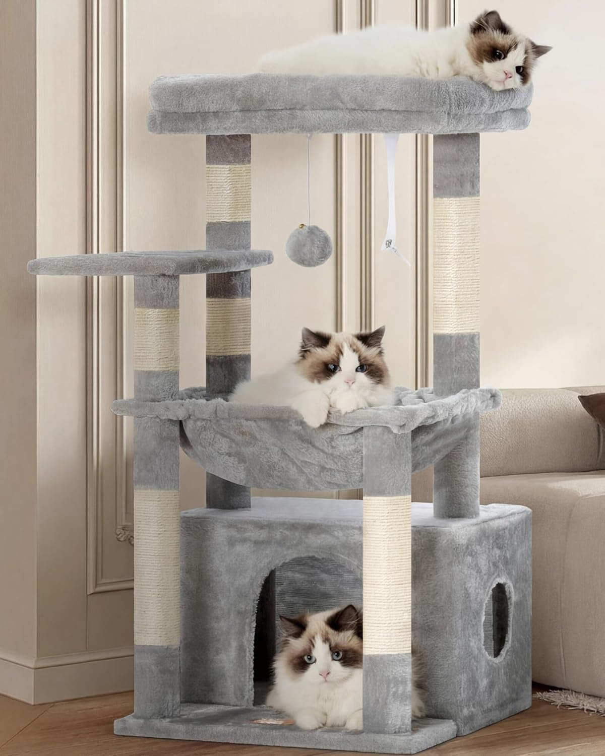 heybly-cat-tree-kitten-tower-with-large-soft-cat-basket-cat-condo-with-spacious-cat-bed-cave-with-hidden-space-sisal-covered-scratching-posts-dangling-ball-for-indoor-cats-light-gray-hct008sw