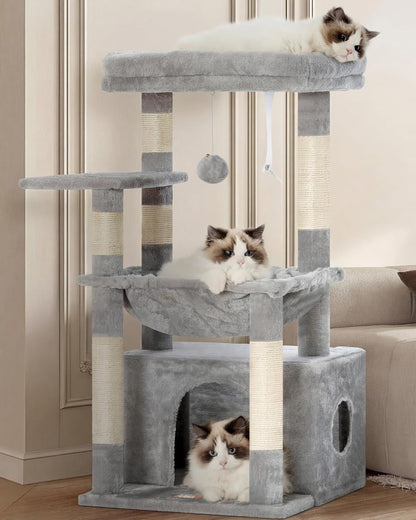 Heybly Cat Tree, Kitten Tower with Large Soft Cat Basket,Cat Condo with Spacious Cat Bed Cave with Hidden Space，Sisal-Covered Scratching Posts,Dangling Ball for Indoor Cats, Light Gray HCT008SW1