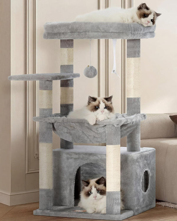 Heybly Cat Tree, Kitten Tower with Large Soft Cat Basket,Cat Condo with Spacious Cat Bed Cave with Hidden Space，Sisal-Covered Scratching Posts,Dangling Ball for Indoor Cats, Light Gray HCT008SW1