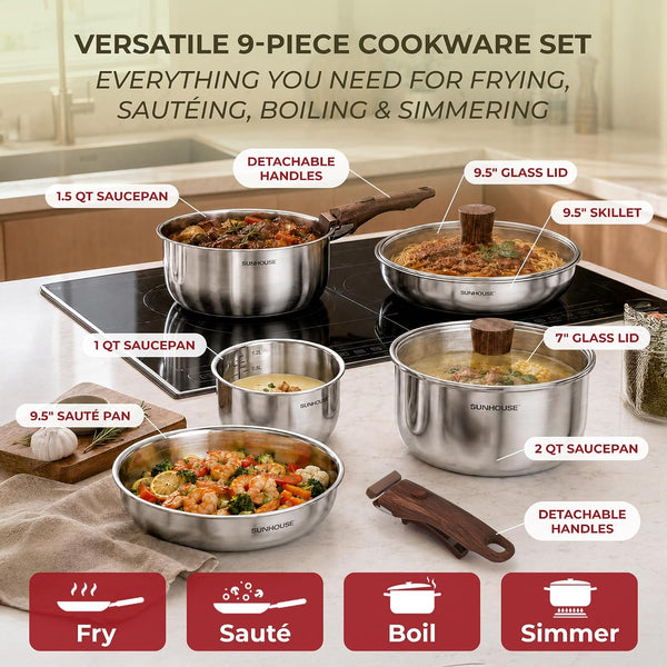9Pcs Tri-Ply Stainless Steel Cookware Set with Detachable Handle | 9-Piece Pots and Pans Set, Induction Cookware Collection for All Stovetops, Pfas-Free Non-Toxic, Set De Ollas De Cocina2