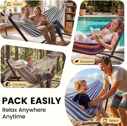 Double Hammock with Stand for 2 Person, 600 Lbs Heavy Duty Cotton Bed with Steel Stand, Free Standing for Outdoor Indoor Patio, Carrying Bag Included6