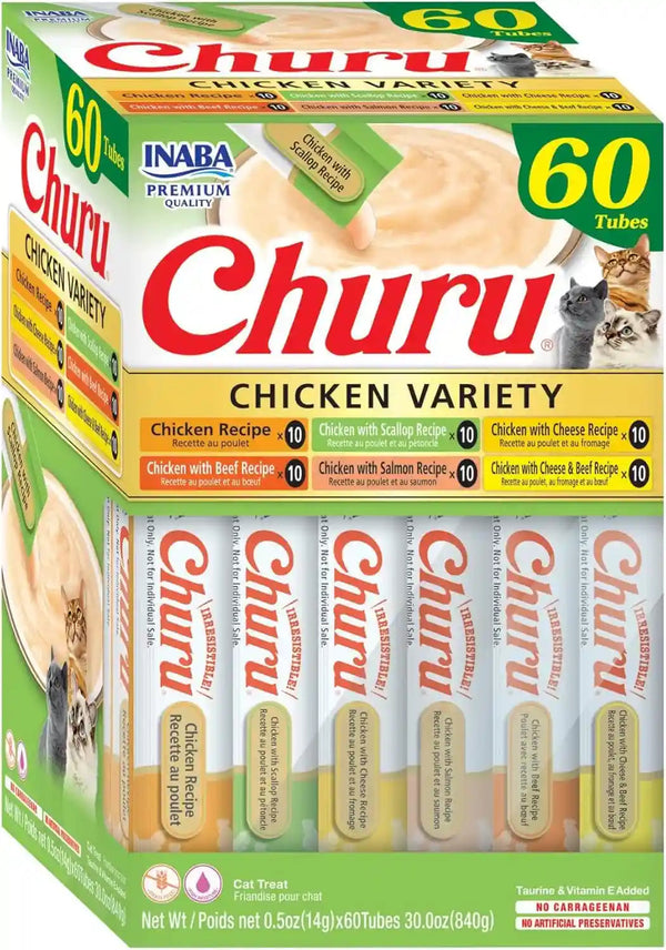 INABA Churu Cat Treats, Lickable, Squeezable Creamy Purée Cat Treat with Green Tea Extract & Taurine, 0.5 Ounces Each Tube, 40 Tubes, Tuna Variety Box25