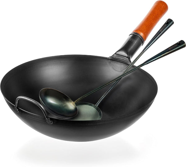 Carbon Steel Flat Bottom Wok Pan 13,5“ with Pre-Seasoned Utensils Set - Blue Carbon Steel 17-Inch Wok Spatula, Ladle, 3 Pairs of Chopsticks1