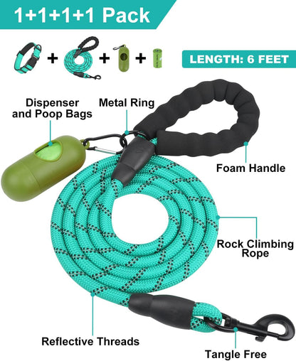 Dynmeow Reflective Dog Collar and Leash Set for Large Dogs, Teal | Soft Neoprene Padded, 6FT Climbing Rope, Ideal for Daily Outdoor Walking or Indoor Wearing, Night Visible for Safety3