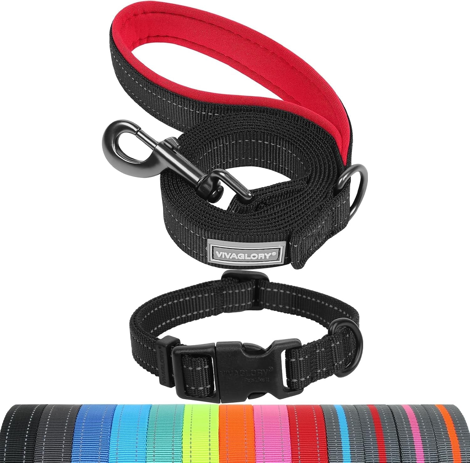 vivaglory-dog-leash-puppy-leash-for-collar-3ft-x-1in-black-with-soft-padded-handle-for-training-walking-heavy-duty-double-layer-nylon-pet-puppy