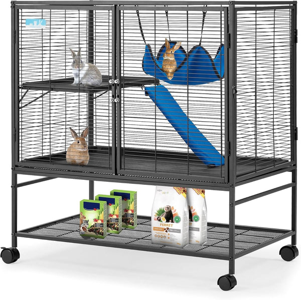 HABUTWAY 40''H Large Metal Rolling Ferrets Cage, 2-Tiers Small Animal Cages, Cage for Rats/Chinchillas, 0.5'' Bar Spacing for Ferret,Small Animal Cage W/Removable Ramp & Platform1