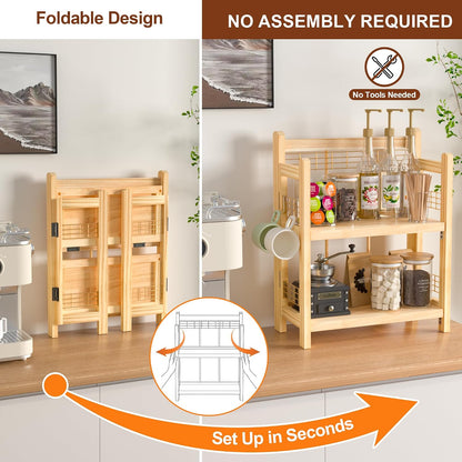 No-Assembly Coffee Bar Organizer, 2-Tier Coffee Station Shelf | Foldable Oak Wood Shelf, Coffee Station Accessories Storage for Syrup & Pod, 3 Hooks for Mugs, Kitchen Condiment Rack Natural2