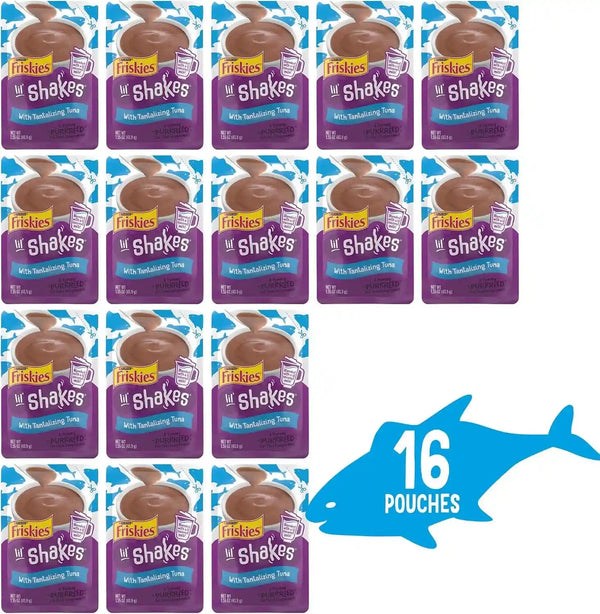 Purina Friskies Pureed Cat Food Topper, Lil’ Shakes with Tantalizing Tuna Lickable Cat Treats - (Pack of 16) 1.55 Oz. Pouches2