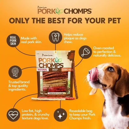 Pork Chomps Dog Chews, 5 in Munchy Sticks, Assorted Flavors, 50 Count | Oven-Baked from Real Pork Skin - a Rawhide-Free Chew That'S Low in Fat, High in Protein, and Easy to Digest3