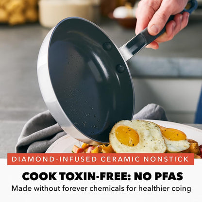 X Bobby Flay Stainless Steel 12 Piece Cookware Pots & Pans Set, Professional Grade Tri-Ply, Multiclad, Pfas-Free Ceramic Nonstick, Induction Suitable, Dishwasher & Oven Safe,Stay Cool Handles2