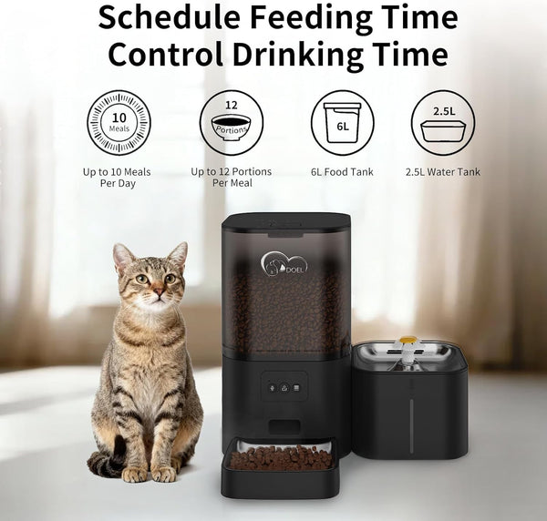 DOEL 2.4Ghz Wifi Automatic Cat Feeder and Water Fountain, 6L/24 Cups Timed Dry Food Dispenser for 2.5 Weeks, with APP Remote Control, Voice, for Small Medium Dog Puppy Kitten2