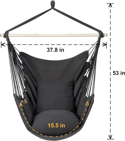 Hammock Chair Hanging Rope Swing Chair, Max 500 Lbs, 2 Seat Cushions Included, Removable Steel Spreader Bar with Anti-Slip Rings, Hardware Kit-For Indoor Outdoor(Dark Grey)5