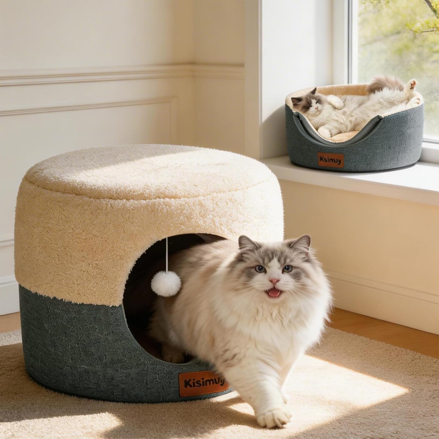 2-in-1-foldable-cat-bed-for-indoor-cats-cat-cave-sofa-bed-15-7d-x-13h-reversible-plush-linen-cushion-enclosed-cat-bed-hanging-cat-toys-non-slip-small-cat-house-grey