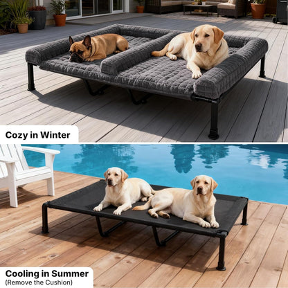Veehoo Fluffy Plush Double Dog Couch Bed for Two Large Dogs, Washable Elevated Dog Beds with Removable Bolster Cushion, Cooling Raised Pet Cot with Breathable Mesh, No-Slip Feet, 59 X 37 Inches, Grey5
