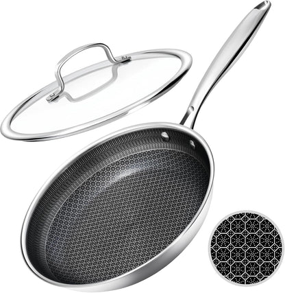 Hybrid Non Stick Frying Pans with Glass Lid, 8-Inch Frying Pan. | Stainless Steel Skillet with Honeycomb Surface,Oven-Safe,Pfas-Free,Compatible with All Cooktops.1