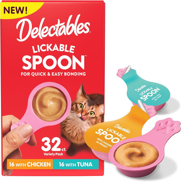Delectables Lickable Spoon Handheld Wet Cat Treats Made with Real Chicken & Salmon, Quick & Easy Creamy Puree, Mess Free, Grain-Free, No Added Fillers, No By-Products, Variety Pack, 32Ct14