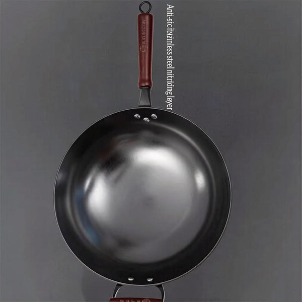 13 Inch Black Cast Iron Wok Pan round Bottom with Wooden Handle, Use on Gas Stove, Campfire Open Fire Stir-Fry, Physical Non Stick2