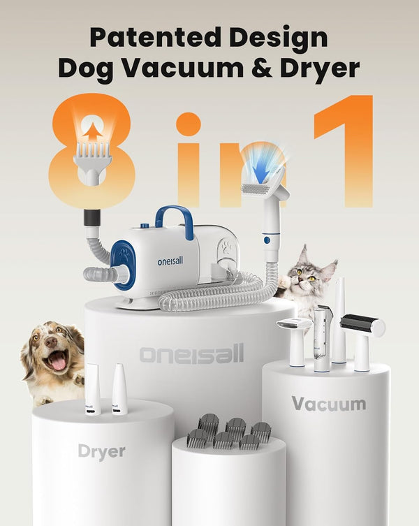 Oneisall 8-In-1 Dog Grooming Vacuum & Dryer for Shedding/Drying/Trimming | Vacuum & Blower & Metal Blade Pet Clippers, Adjustable 7-Temp & 3 Air Levels, All-In-One Dog Grooming Kit, Storage Bag2