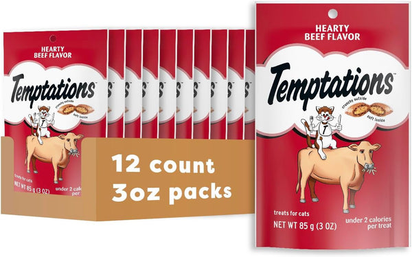 Temptations Classic Crunchy Cat Treats, Hearty Beef, 3 Oz, 12 Pack | Crunchy Outside, Soft Inside, under 2 Calories per Treat, 100% Complete & Balanced, Resealable Stay-Fresh Pouch1
