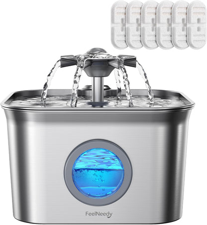 Stainless Steel Cat Water Fountain, 2.8L with 20Db Ultra-Quiet Pump- Ideal for Timid Pets, LED Water Level Window, Dishwasher Safe, 24/7 Circulation- Includes 3 Replacement Filters10