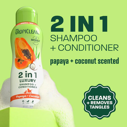 Tropiclean 2-In-1 Dog Shampoo and Conditioner, Moisturizing Dog Detangler, Puppy Safe, Made in the USA, Papaya Scent, Cat & Kitten Safe, 20Oz. | Moisturizing Detangler | Papaya Scent | Puppy, Cat & Kitten Safe | Made in USA2