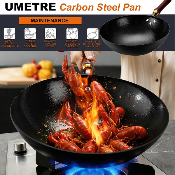 Carbon Steel Wok Pan, 13.4-Inch Nonstick Pre-Seasoned Woks & Stir-Fry Pans with Glass Lid, No Chemical Coated Wok round Bottom Hand Hammered Chinese Wok for Gas Stoves3