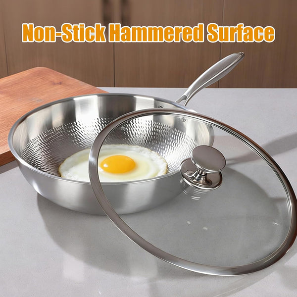 Titanium Hammered Wok Pan with Lid, Pure Titanium Pans for Cooking, No Coating Non-Stick Flat Bottom Wok, Ultra-Durable, Scratch-Resistant, Compatible with All Cooktops,12.6In6