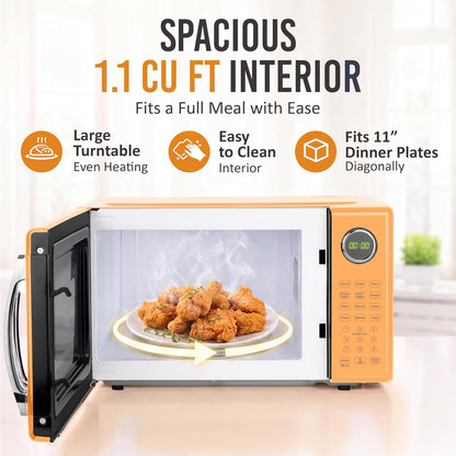 Modern Retro Compact Countertop Microwave Oven - 1.1 Cu. Ft. - 1000-Watts with LED Digital Display - Child Lock - Easy Clean Interior - Orange3