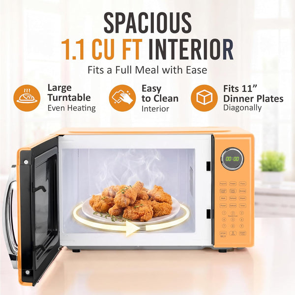Modern Retro Compact Countertop Microwave Oven - 1.1 Cu. Ft. - 1000-Watts with LED Digital Display - Child Lock - Easy Clean Interior - Orange3