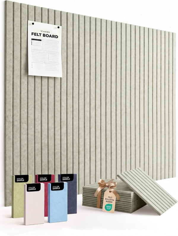 Large Felt Bulletin Board 48 X 36 Inch - 12-Pack Square Acoustic Wall Panels, Cork Board Alternative, NRC 0.95, Damage-Free Adhesive, Slatted Design for Home, Classroom (Sage)1