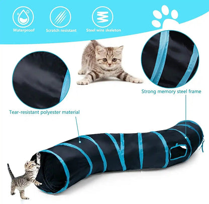 Sheldamy Cat Tunnel, S-2-Way Cat Tunnels for Indoor Cats, Collapsible Cat Play Tunnel, Interactive Toy Maze Cat House with 1 Play Ball for Cats, Puppy, Kitty, Kitten, Rabbit (Blue & Black)3