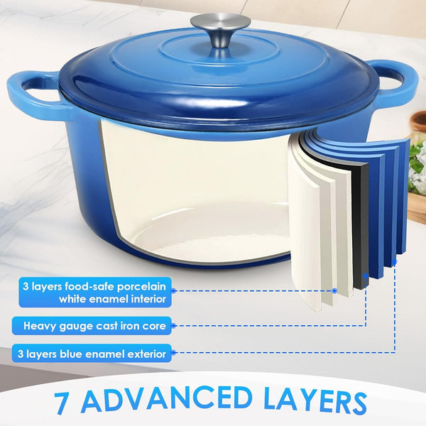 6 Qt Enameled Cast Iron Dutch Oven Pot with Lid，Oven Safe up to 500° F, Heavy-Duty Non-Stick Dutch Oven with Dual Handles for Bread Baking, Fry Foods, Braising, Stews, Roasting (Blue)6