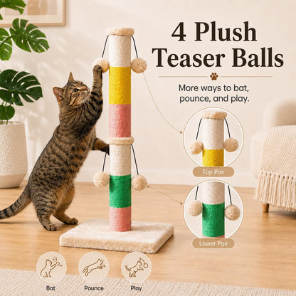 30 Inch High Cat Scratching Post with 4 Plush Teasing Toy Balls, Natural Sisal Rope Post and Thickened Base, Red Green Yellow White3