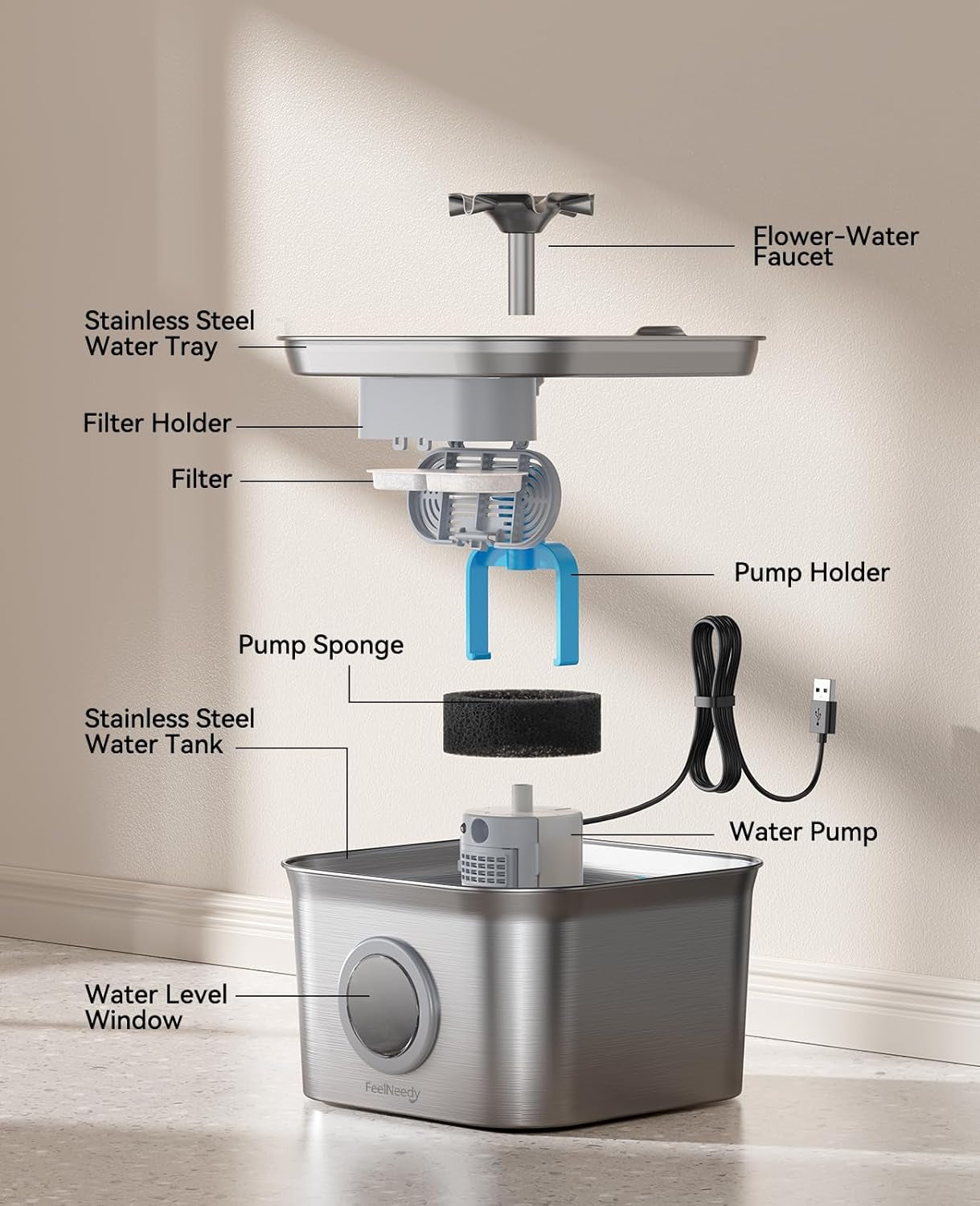 stainless-steel-cat-water-fountain-2-8l-with-20db-ultra-quiet-pump-ideal-for-timid-pets-led-water-level-window-dishwasher-safe-24-7-circulation-includes-3-replacement-filters