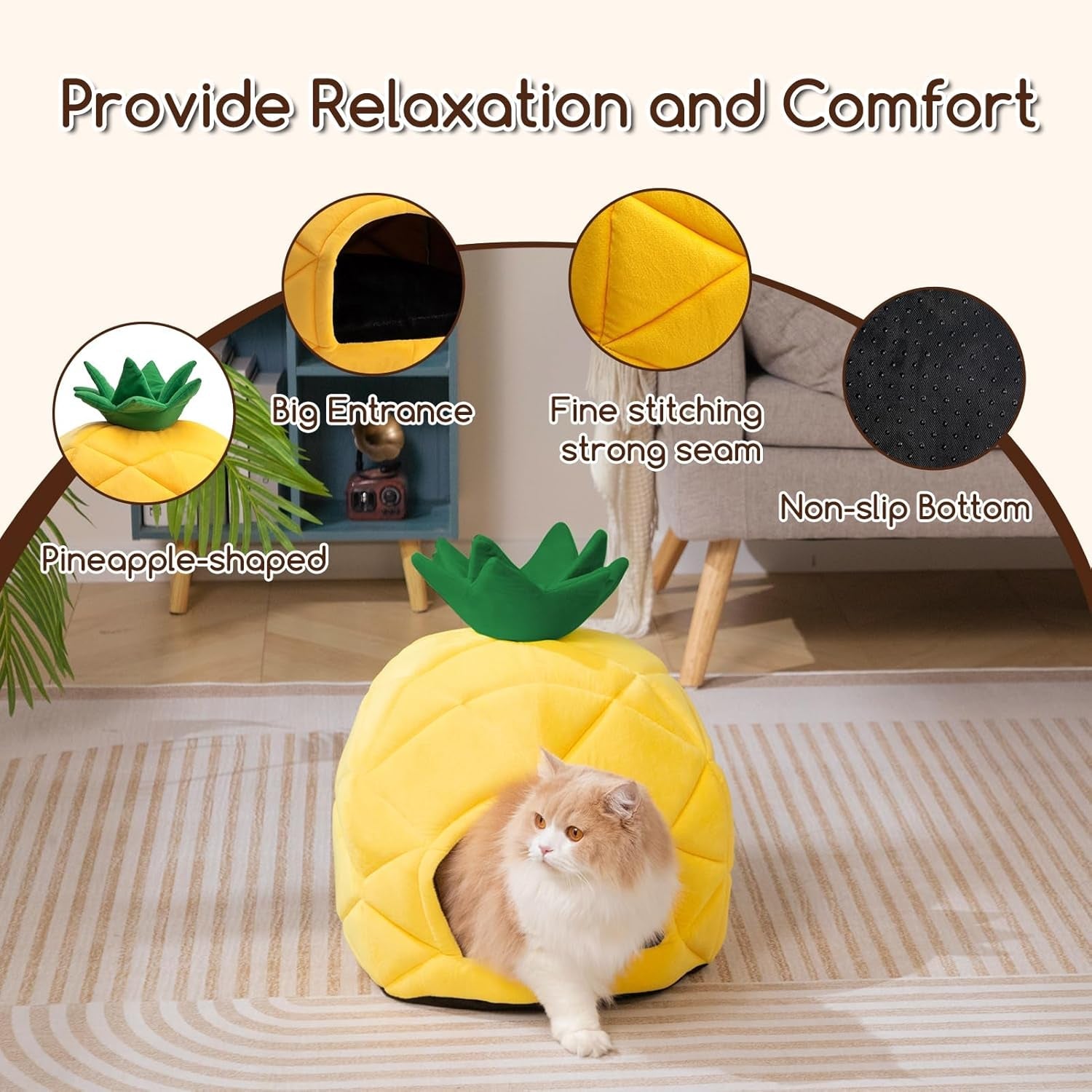 hollypet-cat-bed-cave-for-indoor-cats-for-pets-up-to-15-lbs-pineapple-warm-cat-bed-cats-cave-condo-covered-kitty-house-with-removable-washable-cushion-cozy-enclosed-pet-bed-for-small-dogs