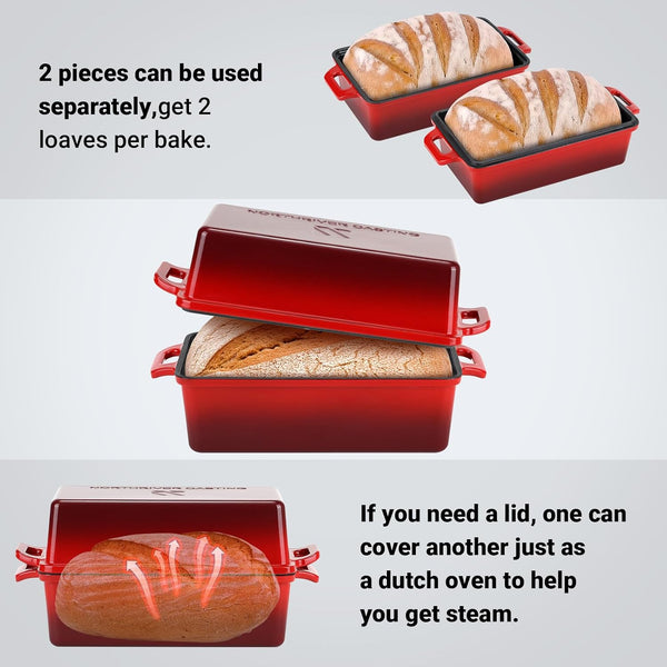 9X5 Inch Enameled Cast Iron Bread Loaf Pan with Lid, Perfect Sourdough Baking Pans | Even Heat Distribution for Homemade Bread, Cake, Meatloaf，2 Piece Set，Red3