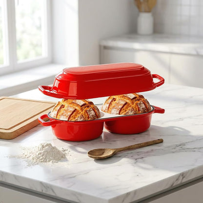 Enameled Cast Iron Mini Double Dutch Oven with Lid, Dual Chamber Small Sourdough Loaf Pans, Nonstick Bread Pot for Sourdough Baking, Fits Oven & Induction Cooktop, Red-2.2Qt1