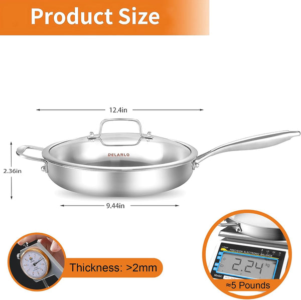Tri-Ply Stainless Steel Pan with Lid 12Inch | Compatible with All Cooktops Heavy Duty Frying Pan with Lid, 18/10 Large Cooking Surface, Stainless Steel Skillet4