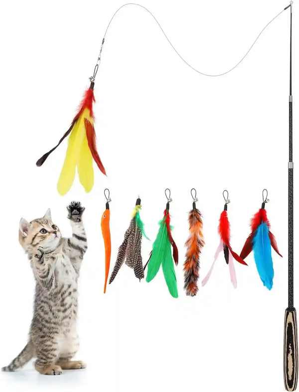 Pawaboo Cat Feather Toys, 4 Pack Interactive Cat Feather Teaser Wand Toys, Retractable Fishing Pole Wand Catcher Exerciser with Refill Fish, Dragonfly Worm with Bells, Fun Cat Kitten Kitty Playing Toy8
